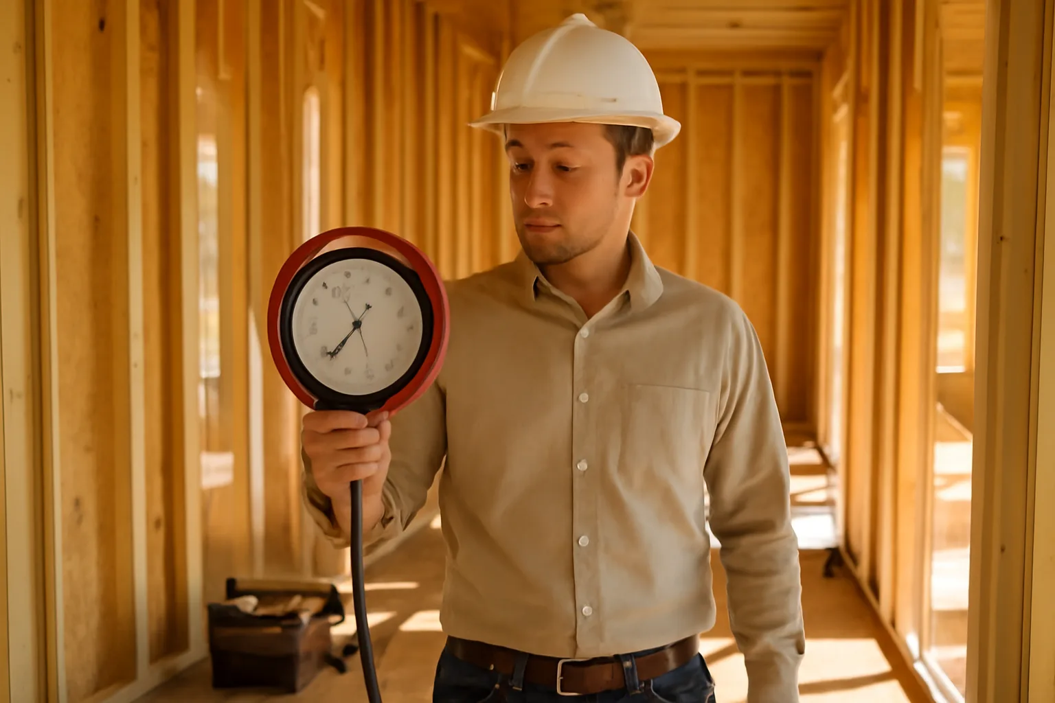 HERS rater checking blower door equipment inside an unfinished Alabama home