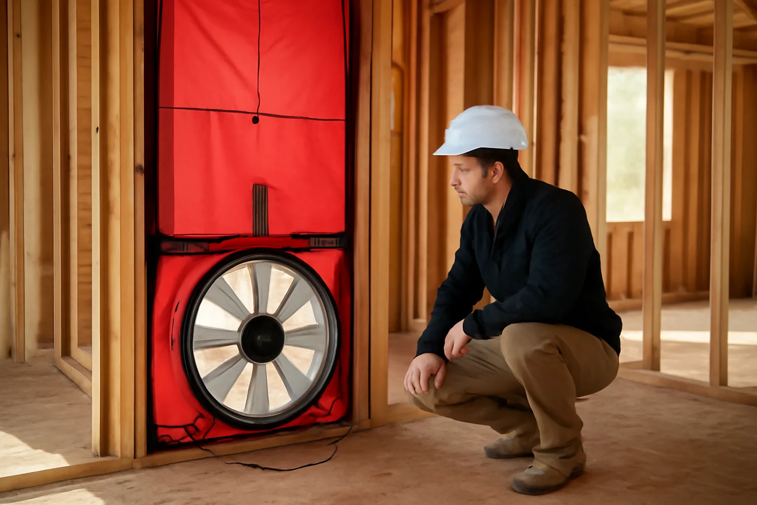 HERS rater setting up a blower door test at an Arkansas residential construction site