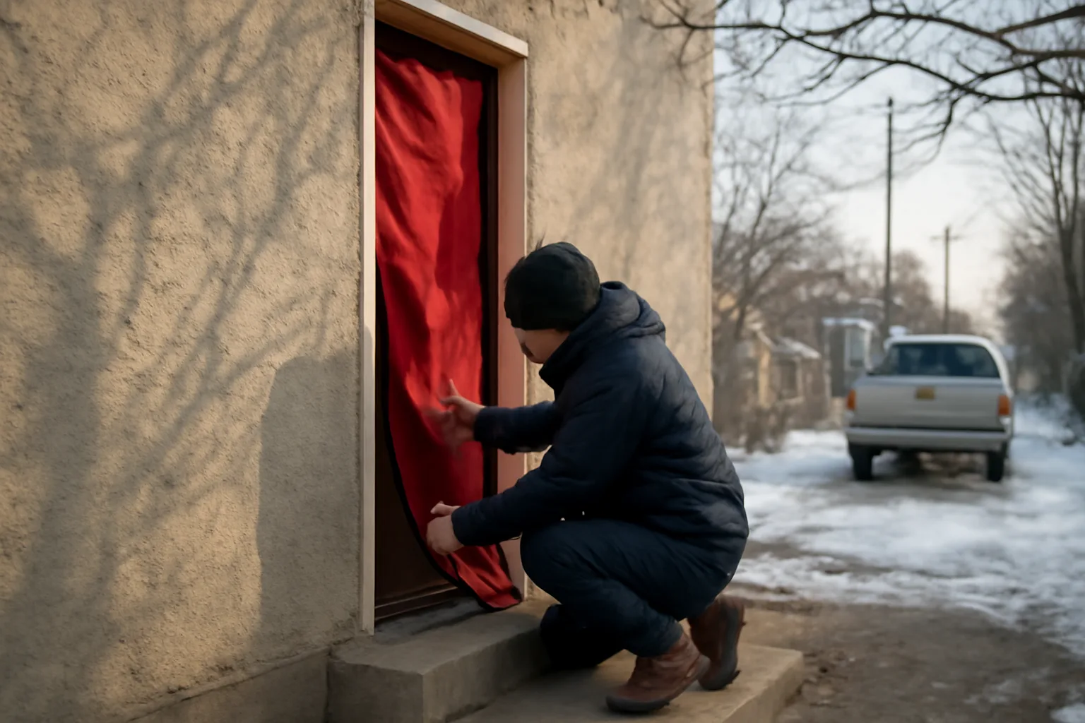 Technician fitting a blower door on a Boise home for a HERS rating