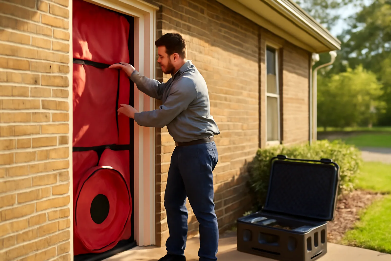 Energy rater setting up blower door equipment at an Alabama home entrance