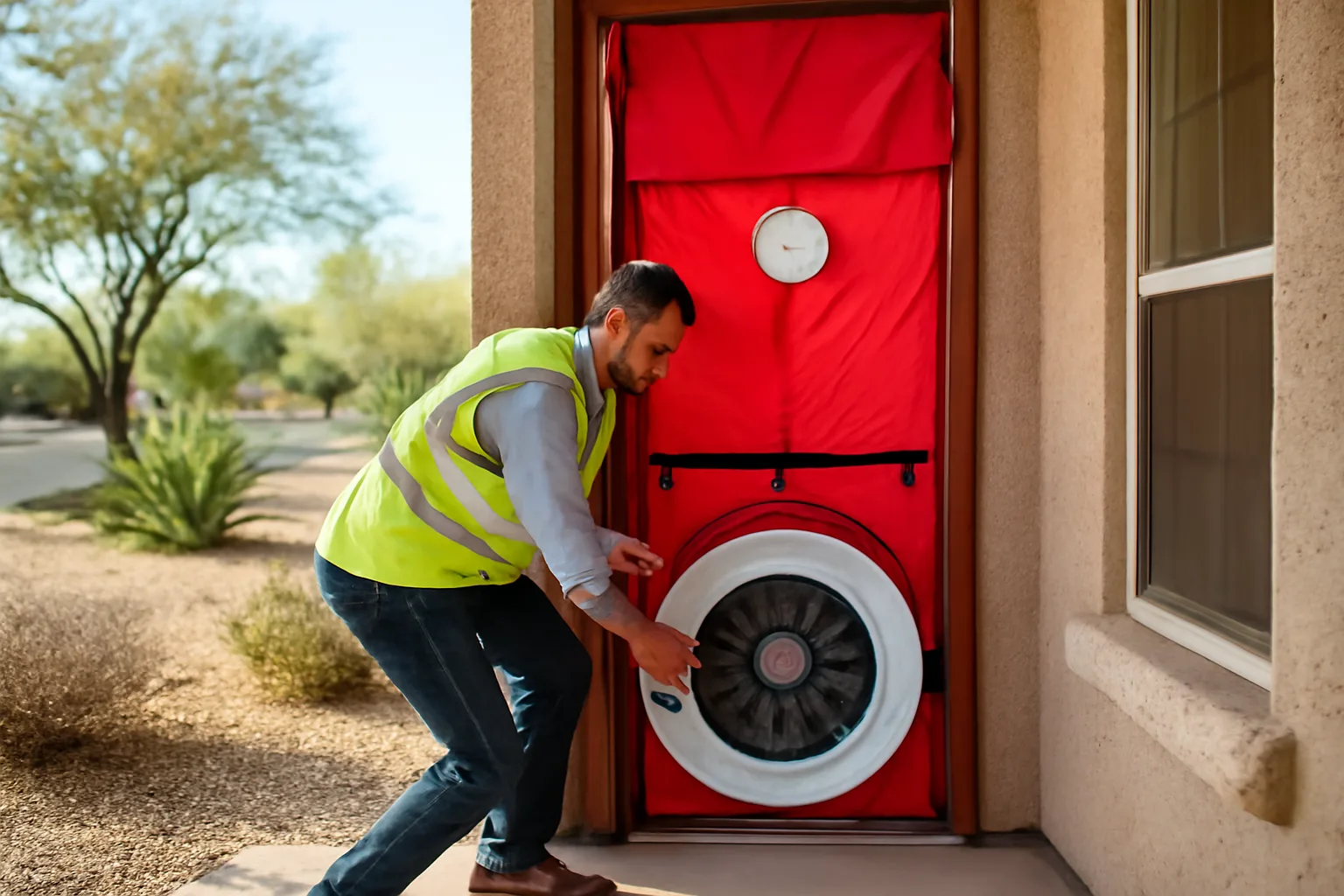 Energy rater installing a blower door fan in an Arizona stucco home doorway