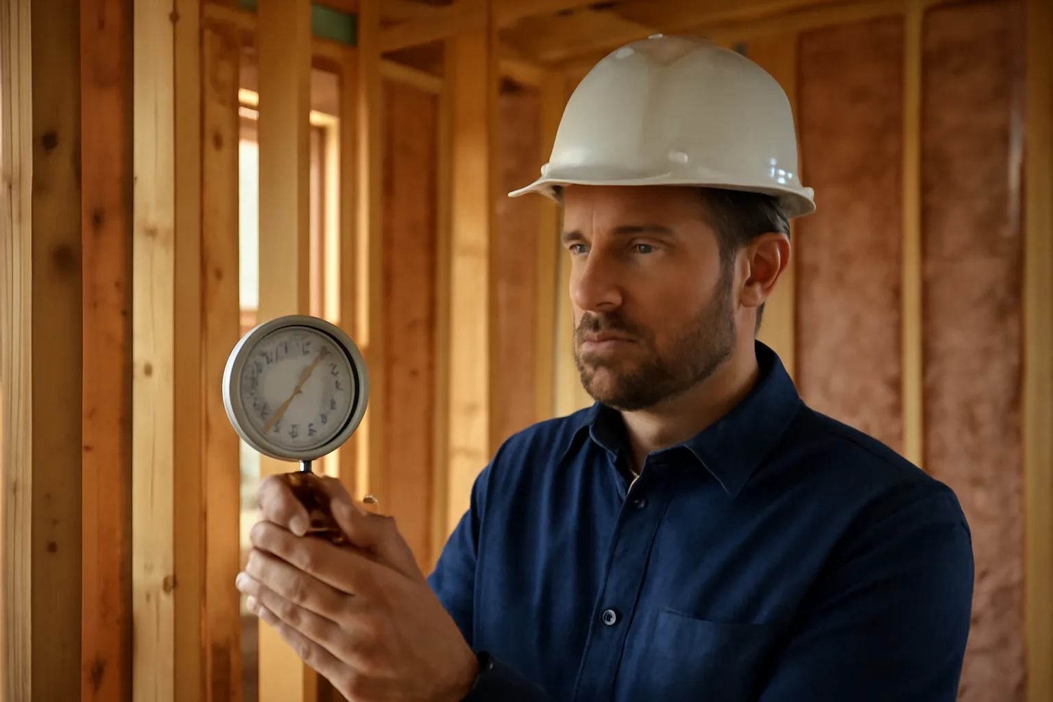Energy rater holding pressure gauge inside unfinished residential home frame
