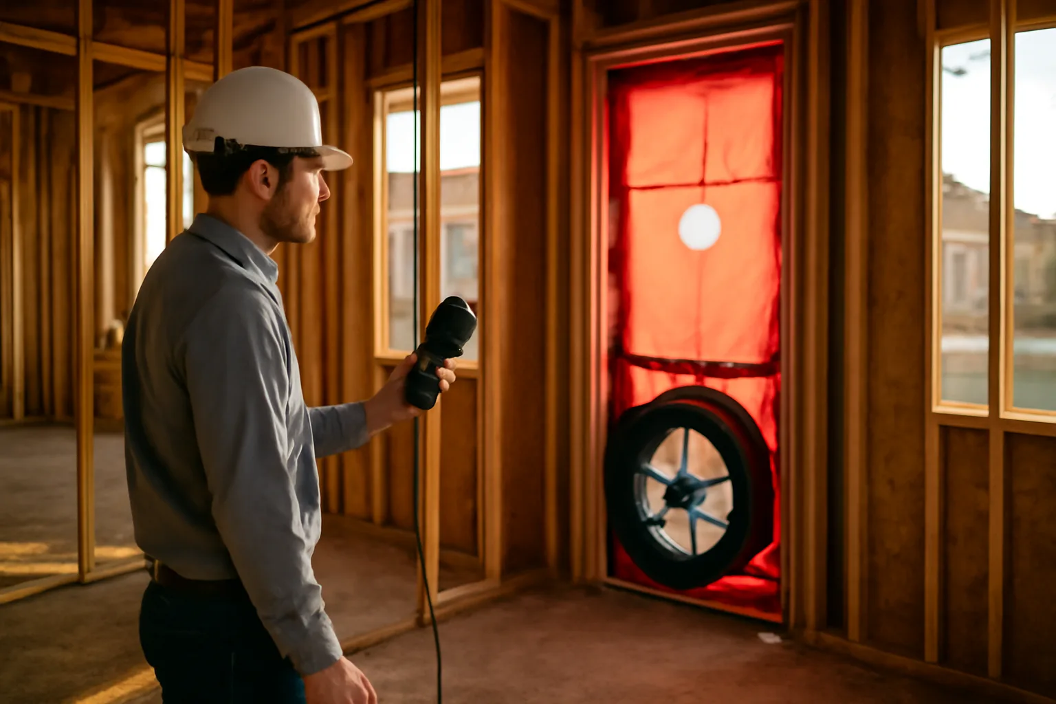 HERS rater holding manometer next to blower door installed in California new construction home