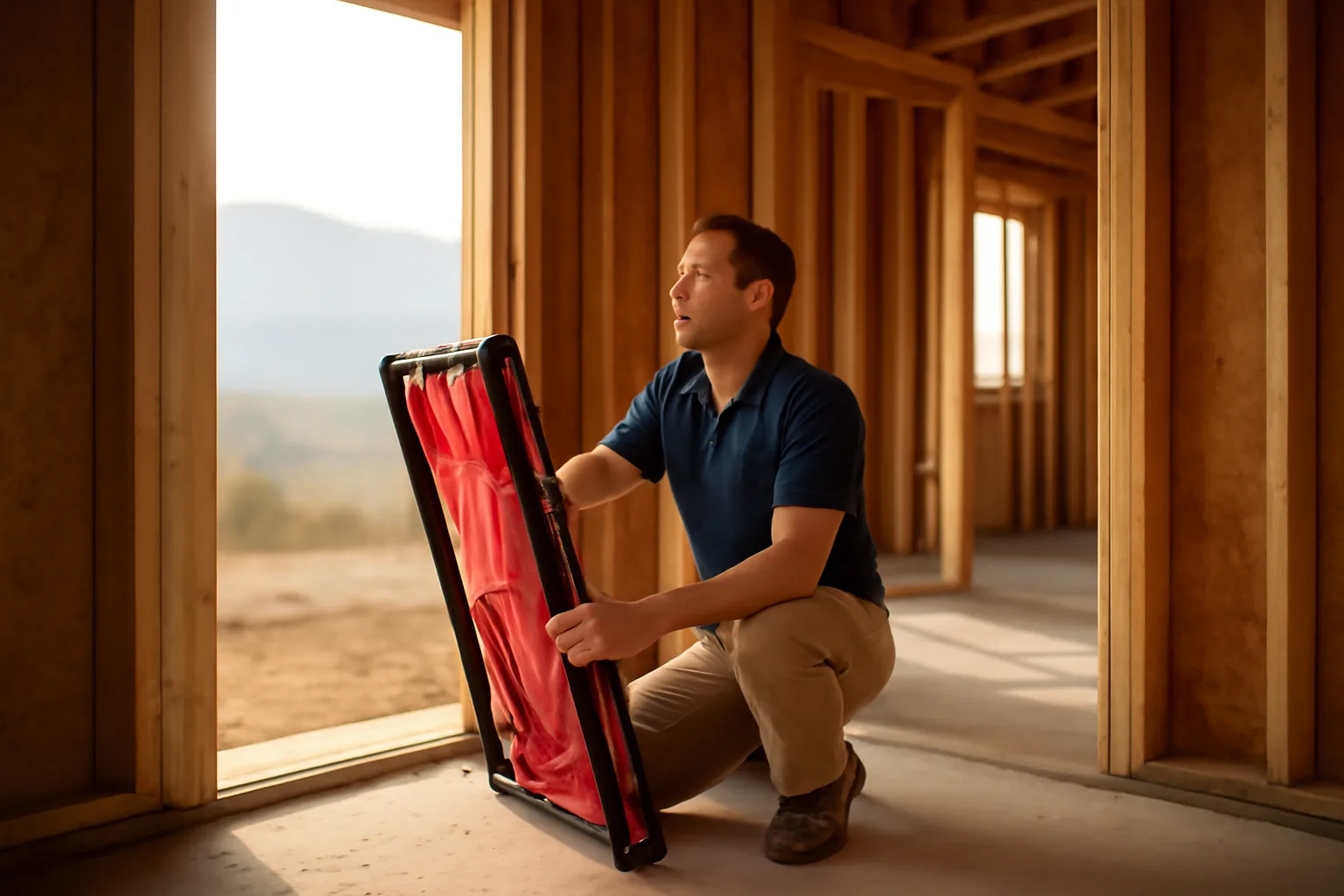 Rater with blower-door frame at a Colorado house under construction