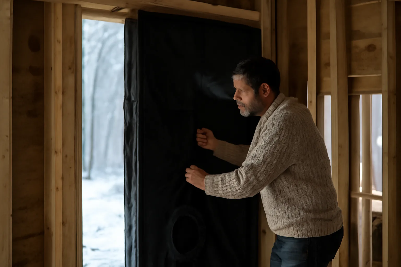 Rater sets blower door gear in a Connecticut winter house