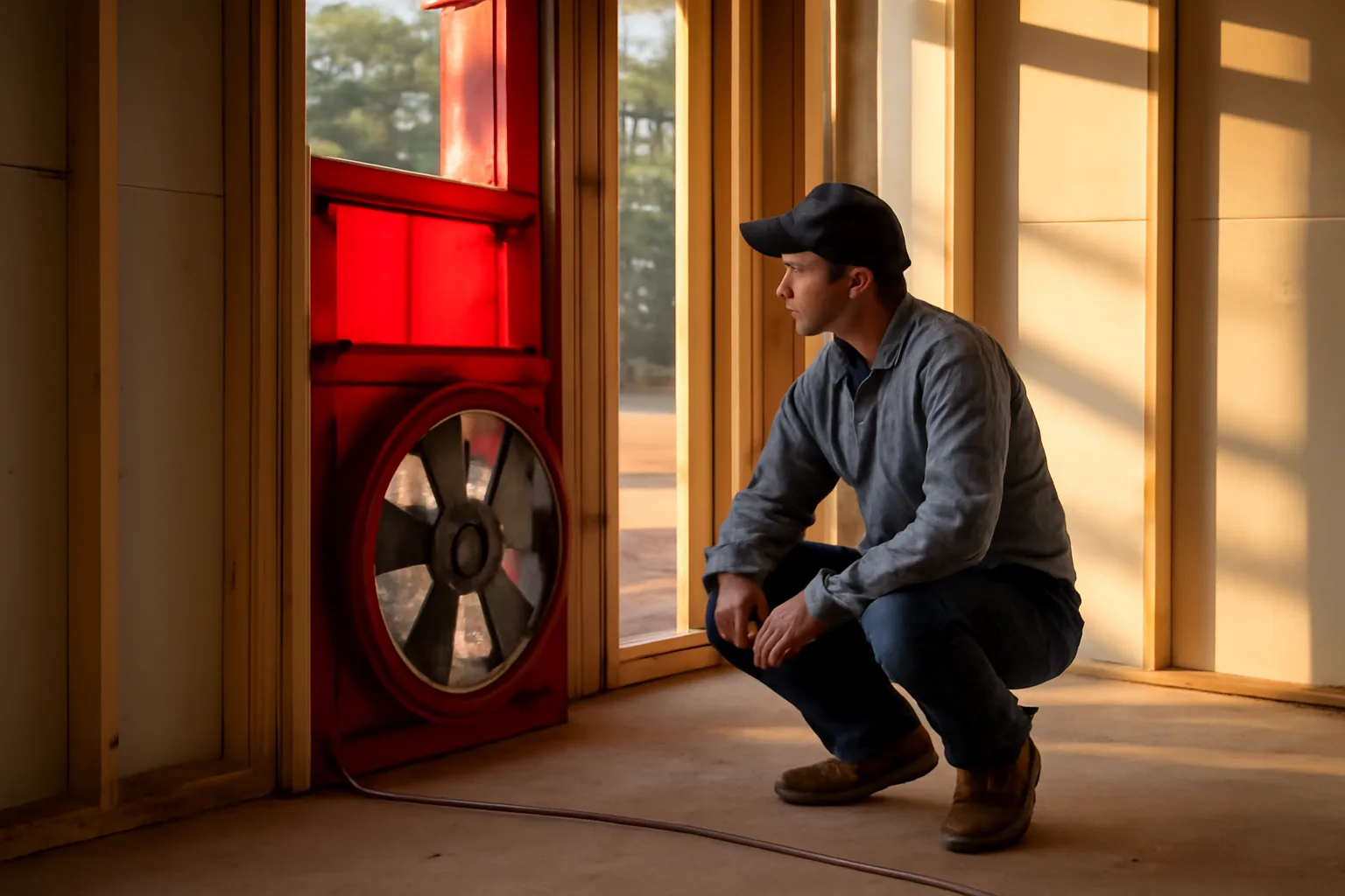 HERS rater inspecting blower door setup at Alabama home under construction