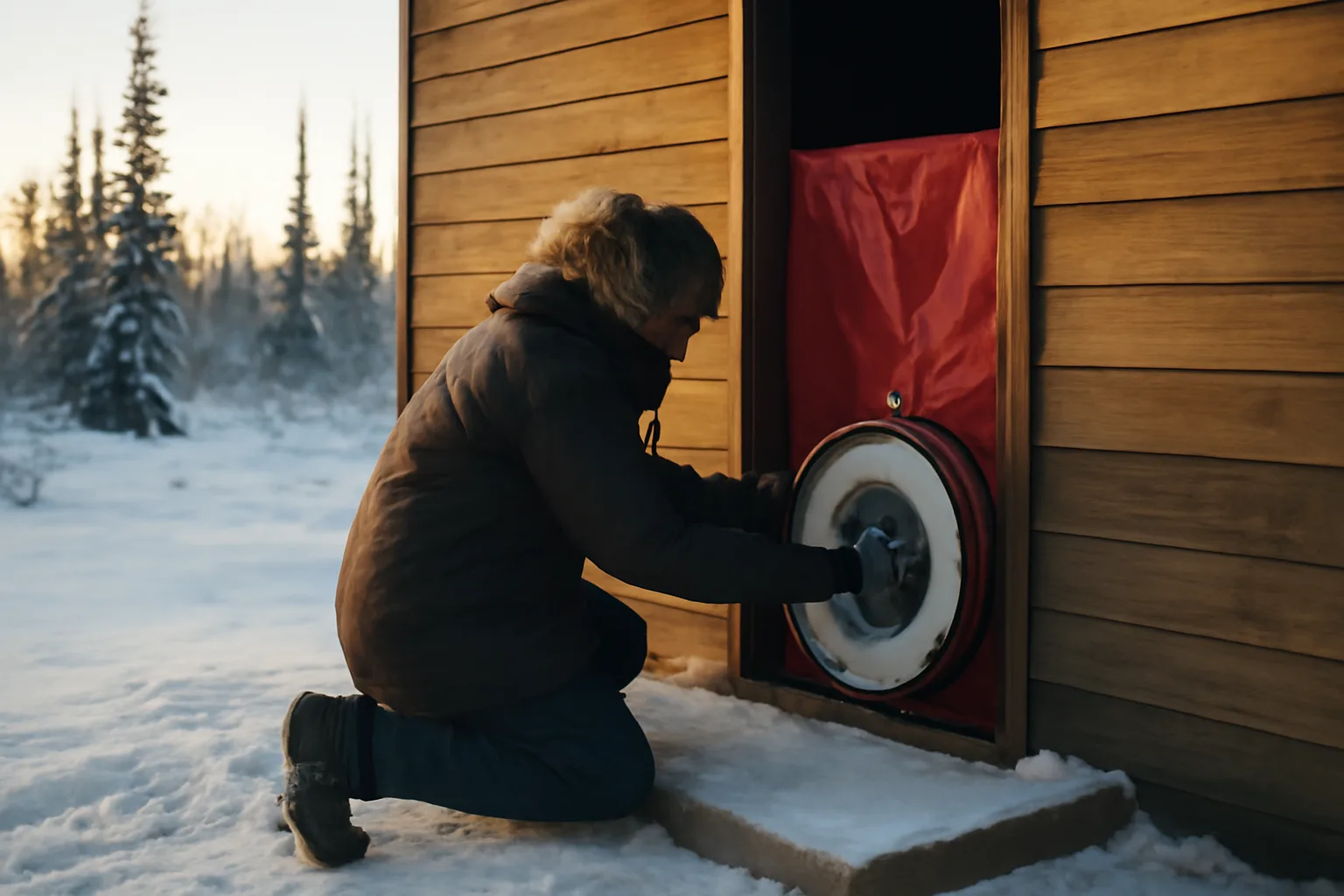 Rater sets a blower door in a snowy Alaska house doorway