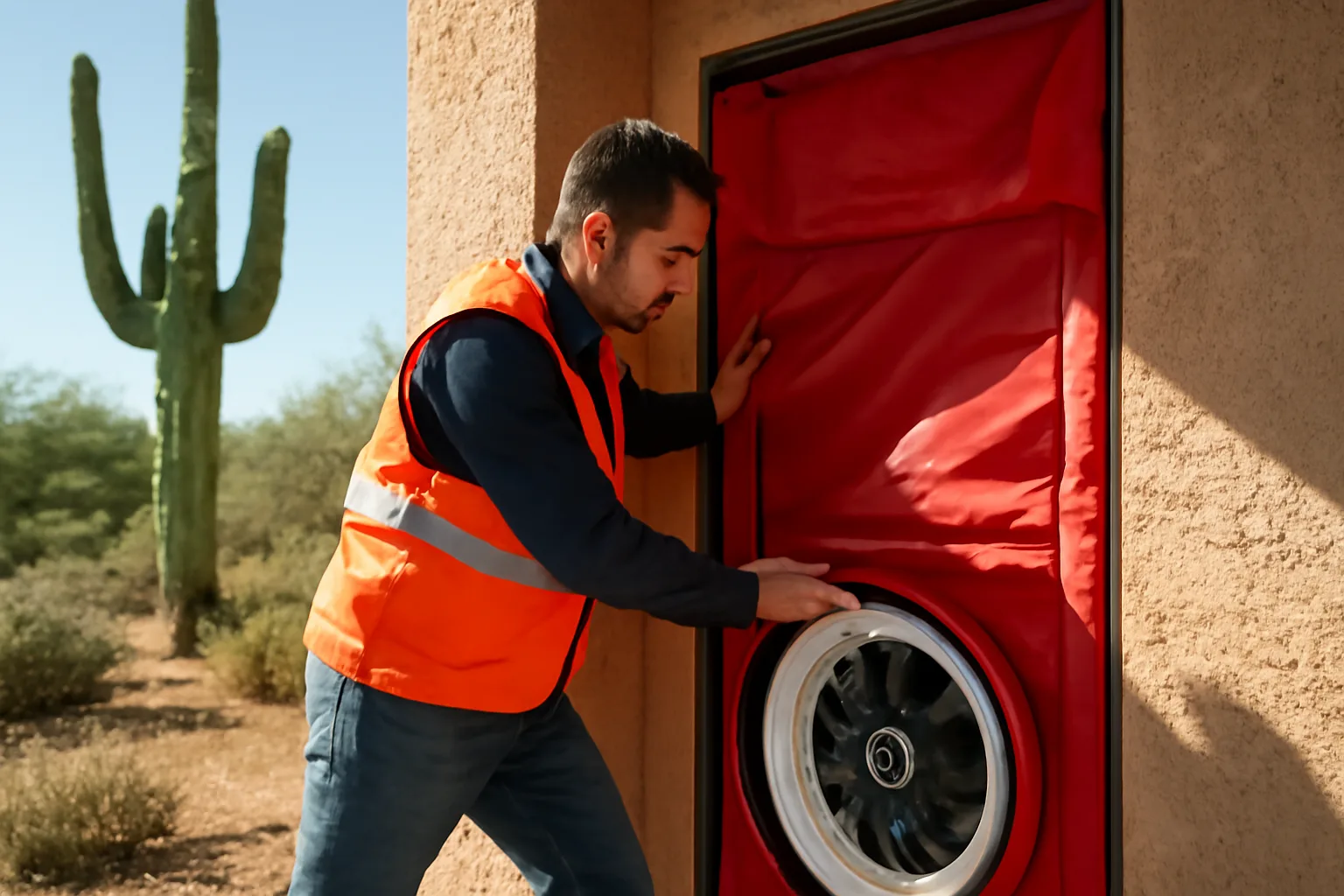Energy auditor installing blower door equipment at an Arizona stucco home