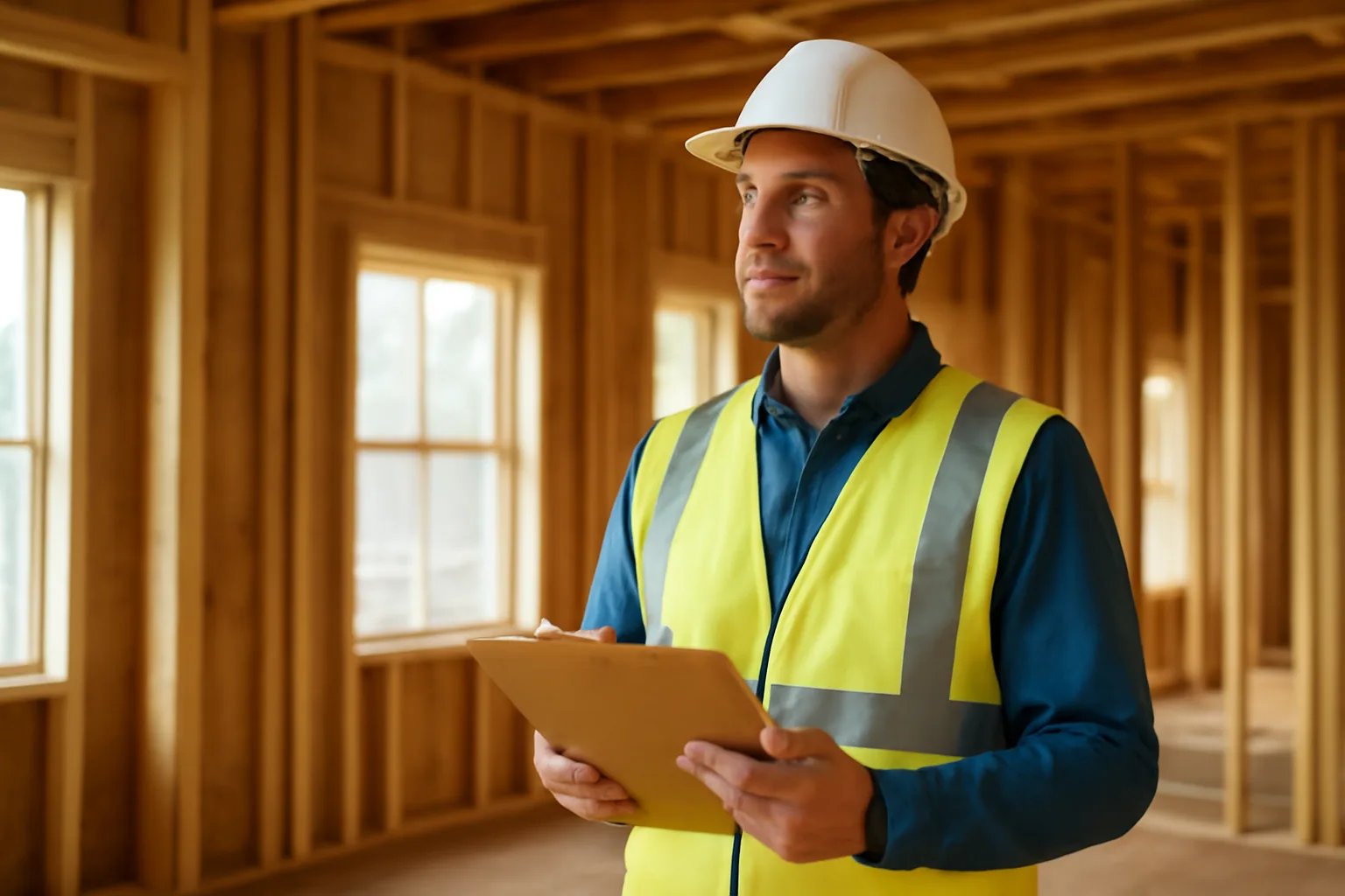 Energy auditor inside a wood-framed new home under construction in Arkansas