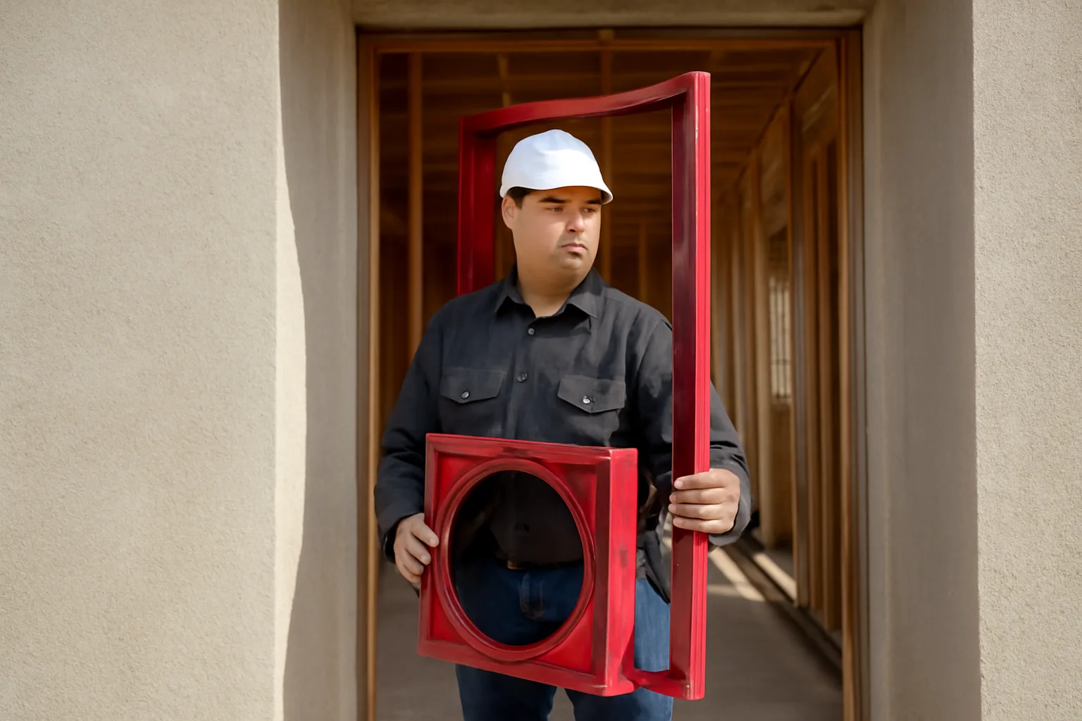 HERS rater installing blower door in California new construction home