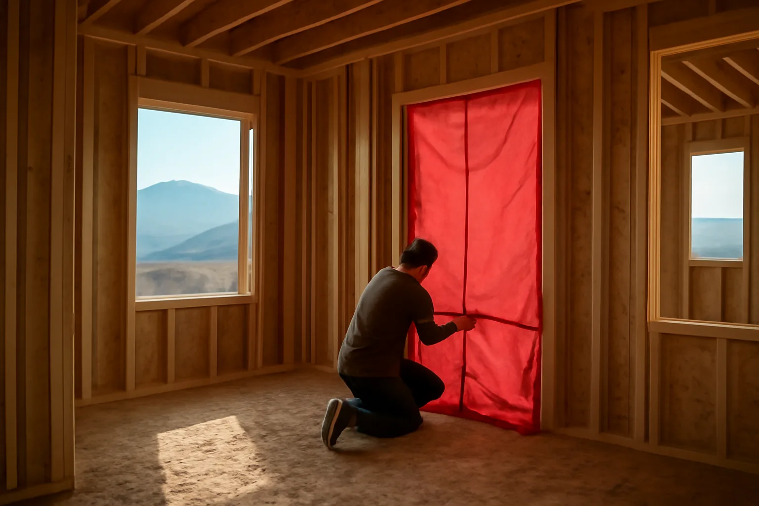 Rater fitting a blower door in an unfinished Colorado house