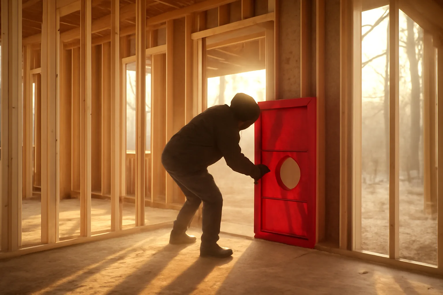 HERS rater with a blower door in a Connecticut house frame