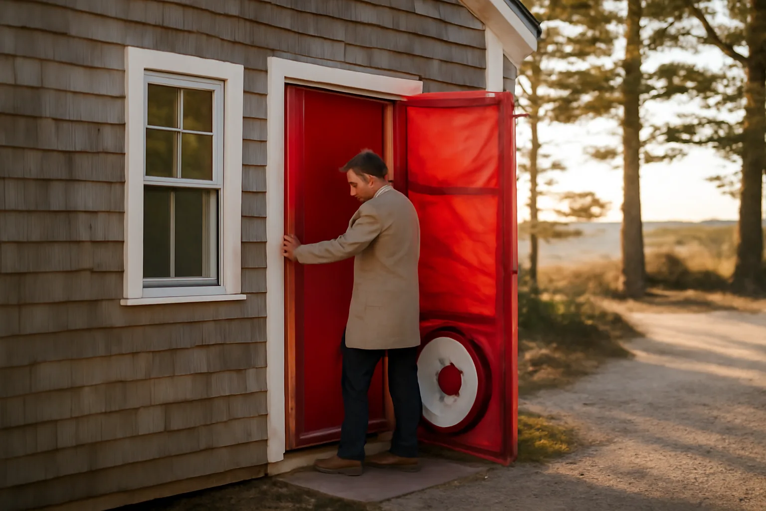 HERS rater setting a blower door in a Delaware coastal house