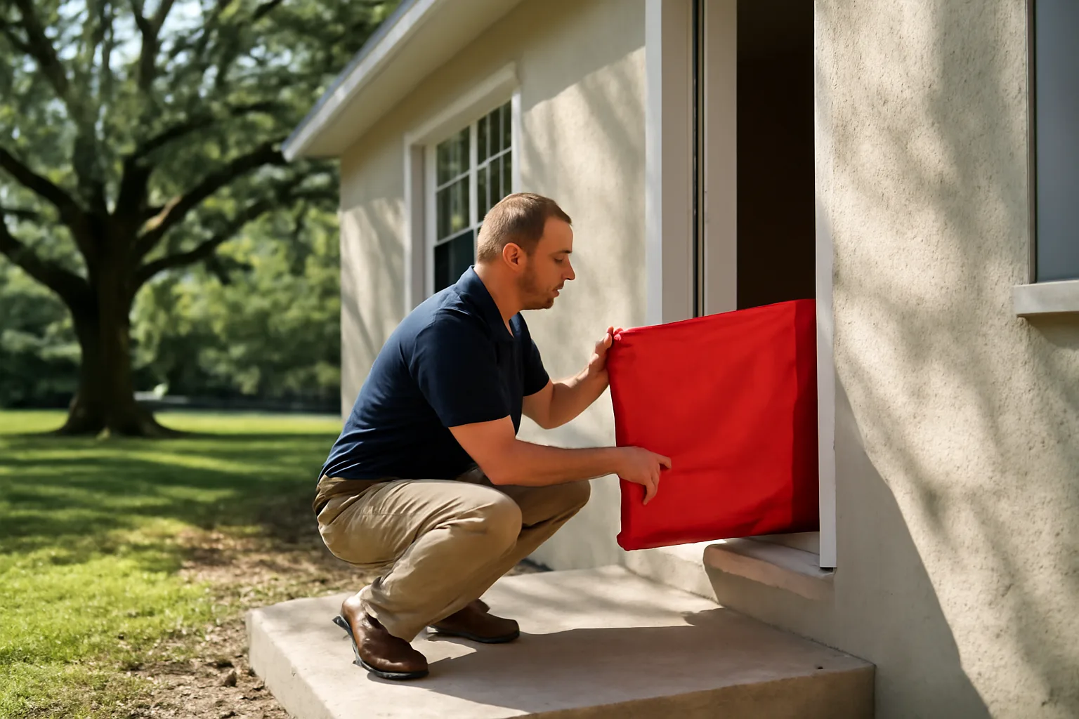 Rater at a Florida doorway preparing a home energy rating