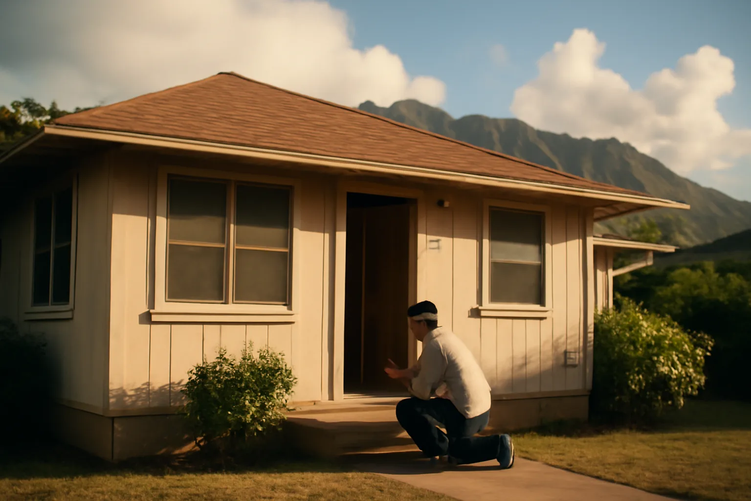 HERS rater testing a Honolulu bungalow door in afternoon light