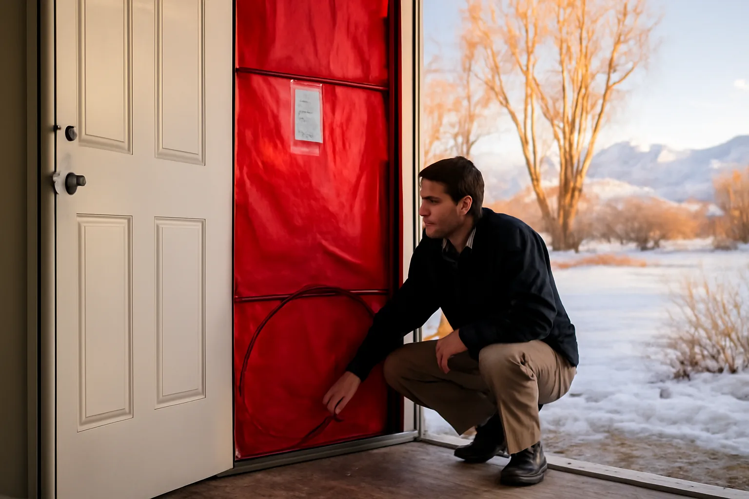 Rater running a blower door test at a snowy Idaho house