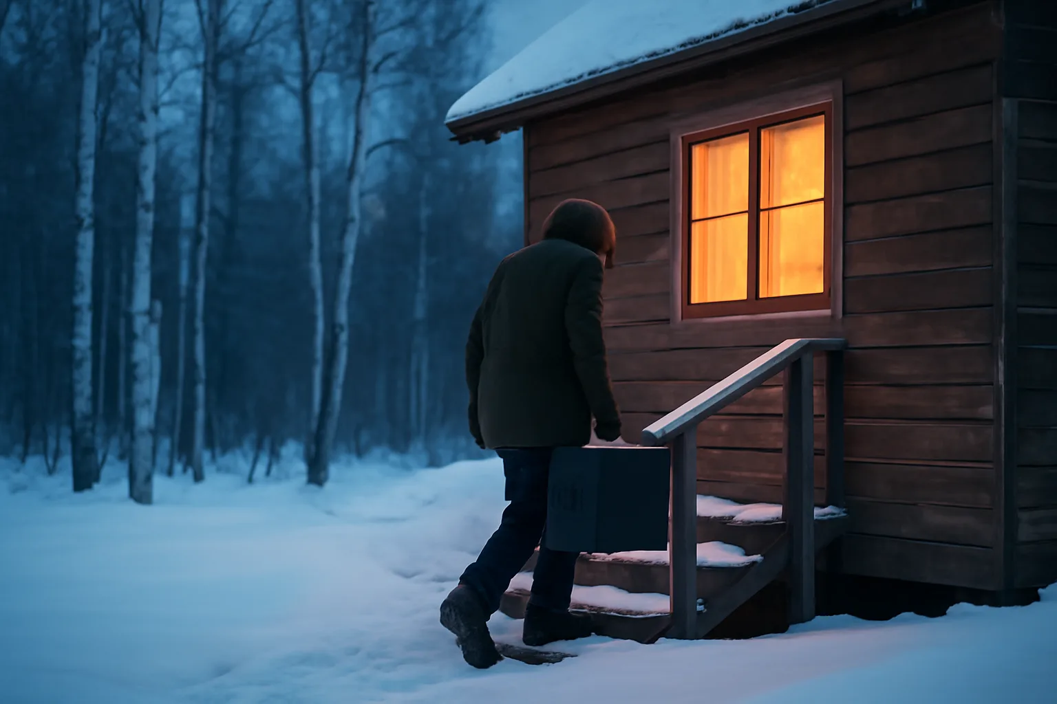 Snowy Alaska house at dusk during a winter HERS rater visit