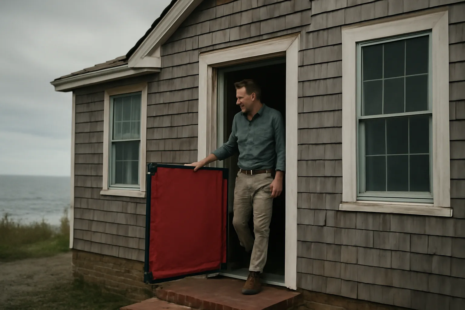 Rater holding a blower door frame at a Delaware coastal house