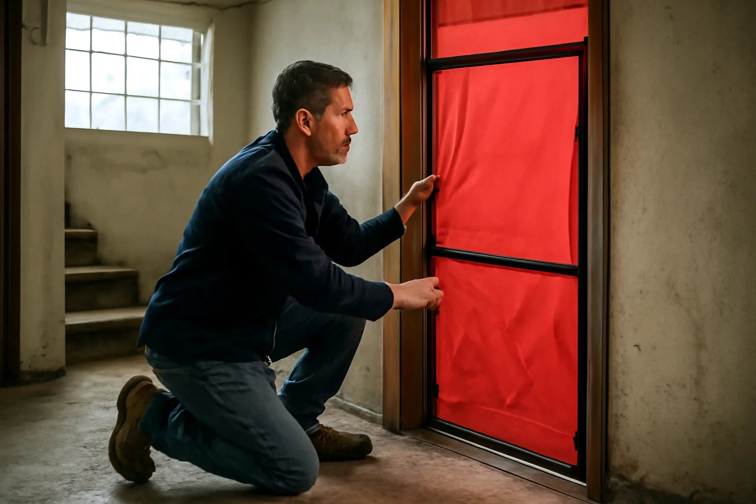 Rater sets a blower door in an Illinois bungalow basement