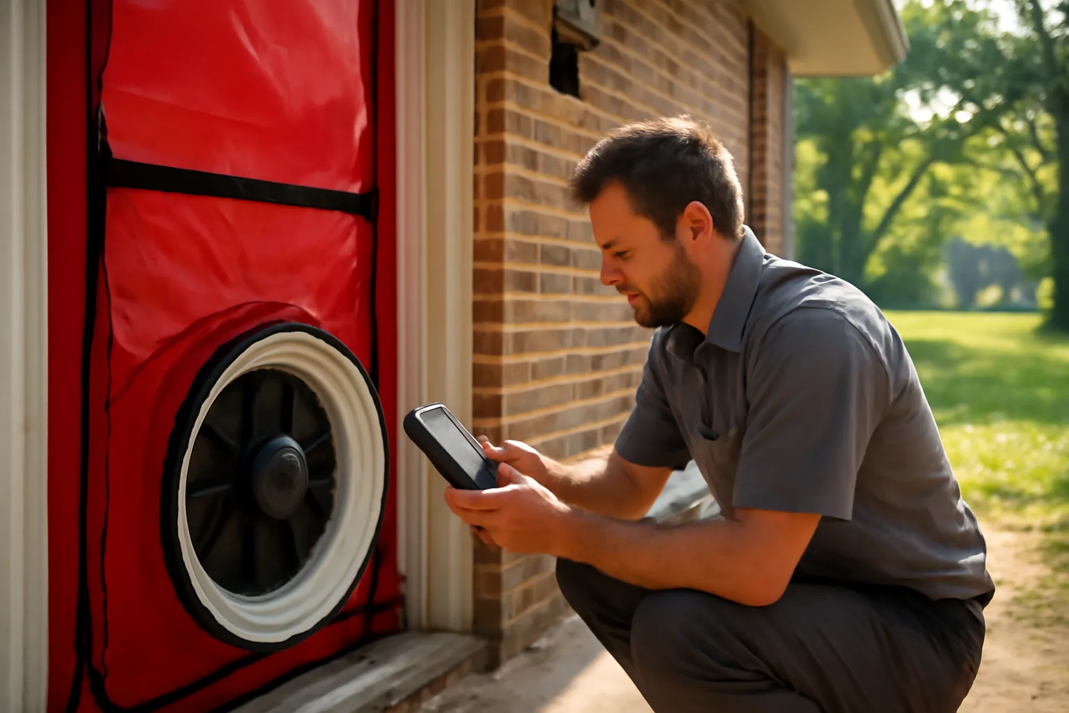 Energy rater testing house air tightness with blower door in Alabama