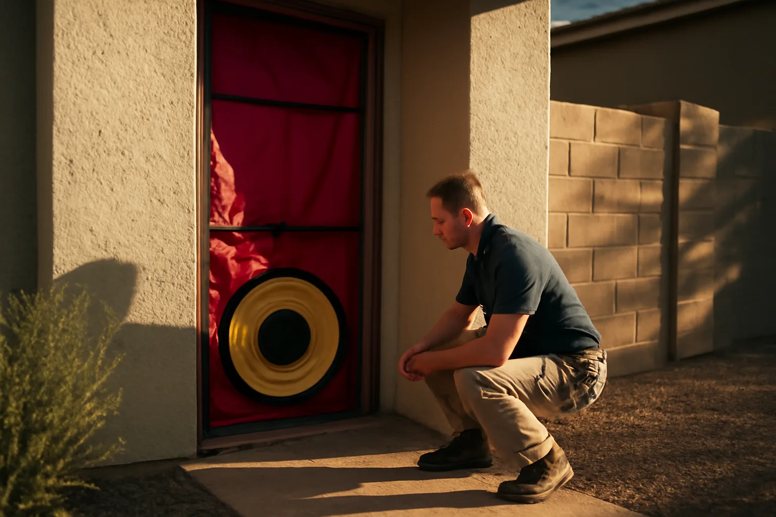 Field rater with blower door at a new Arizona stucco house