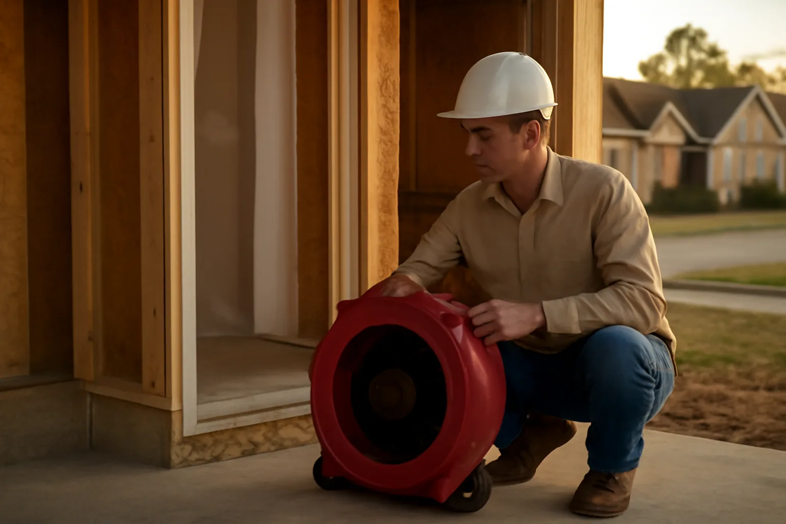 HERS rater setting up blower door equipment at a new Arkansas home construction site