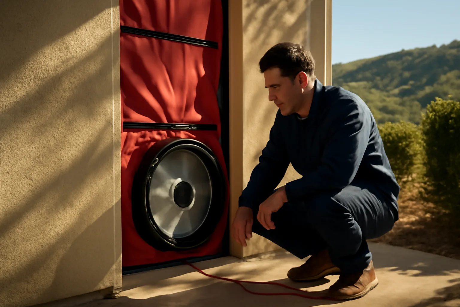 HERS rater running blower door test at California residential home exterior