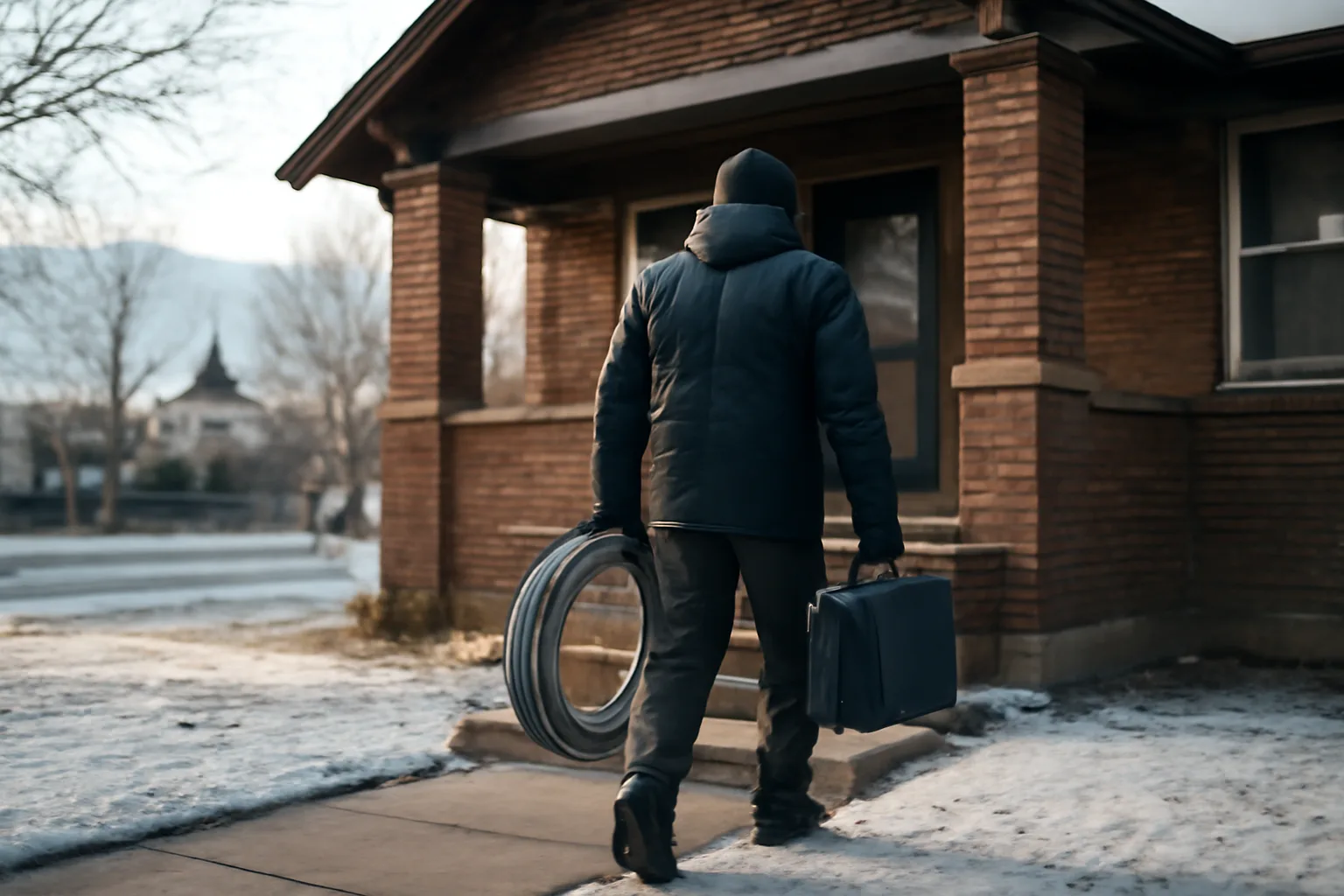 Technician carrying testing gear into a Denver bungalow for HERS work