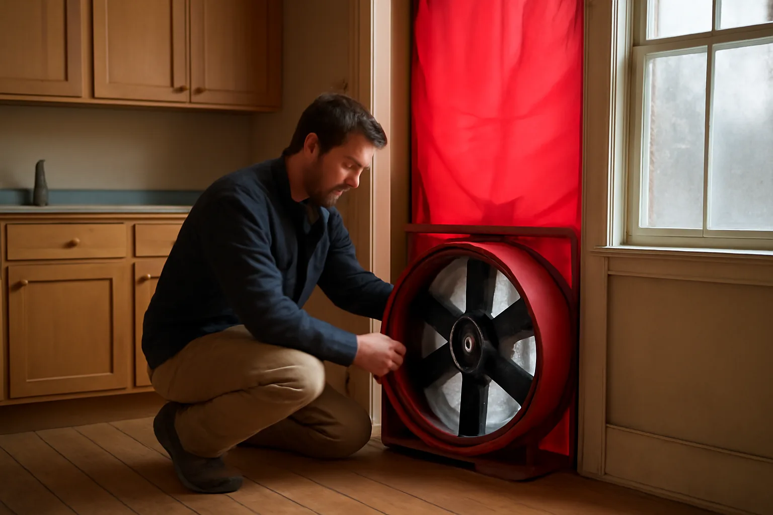 HERS rater testing a Connecticut farmhouse with a blower door