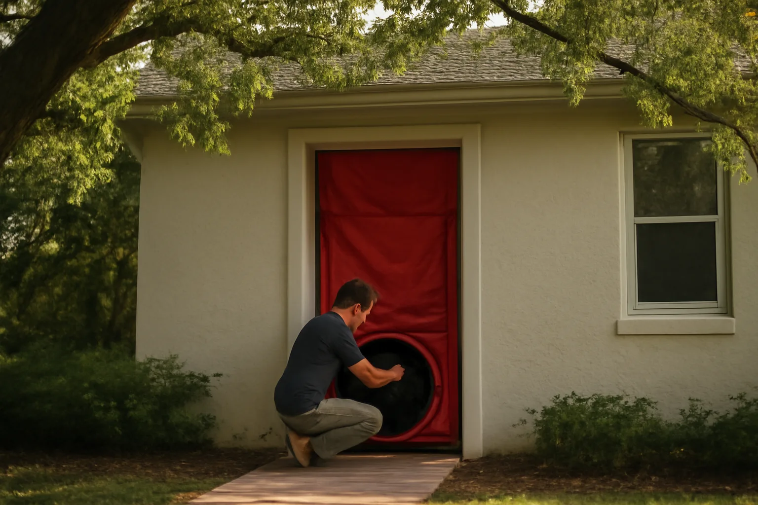 Blower door setup at a stucco house for a Florida HERS rater