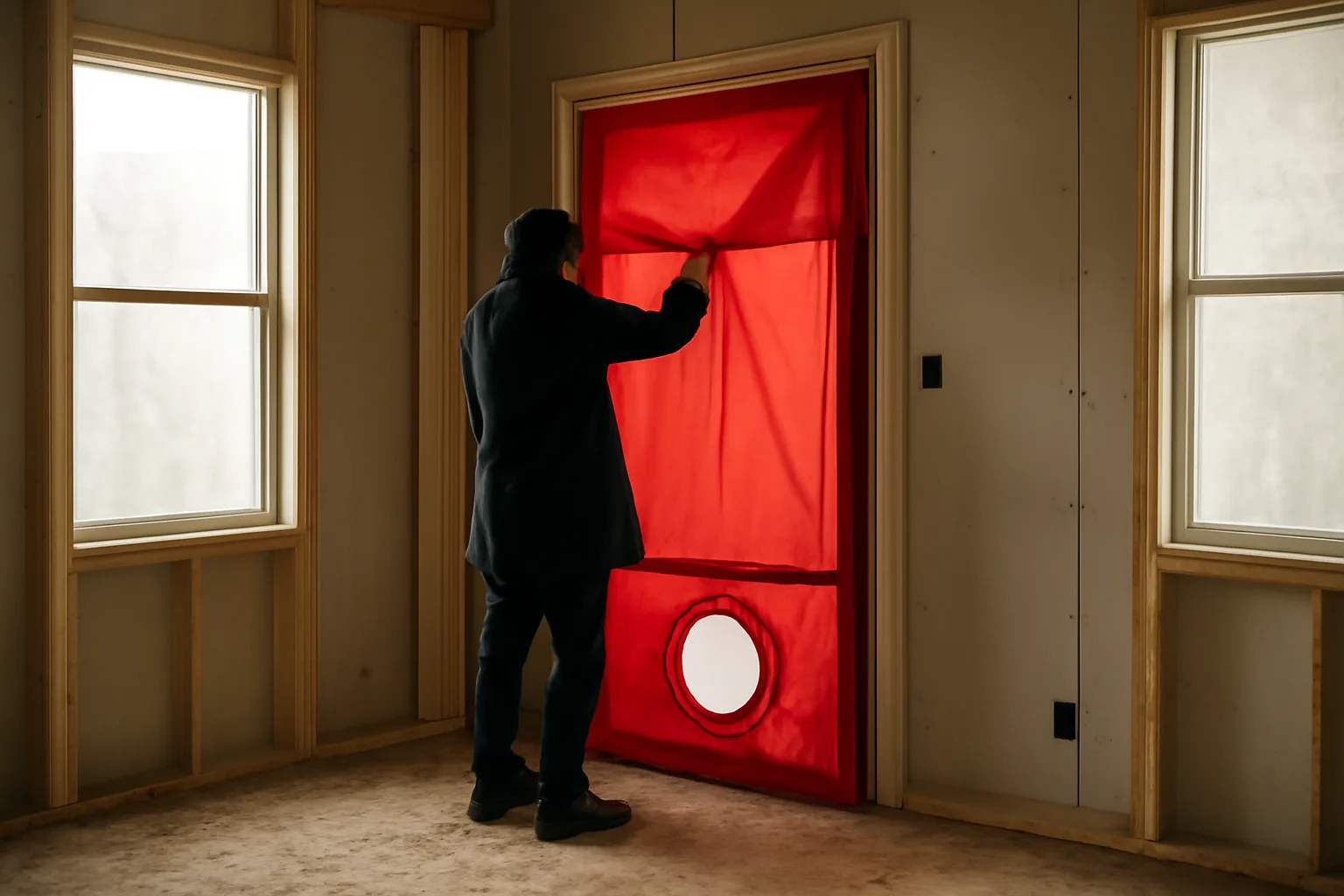 Rater holding a blower door frame in an unfinished Illinois house