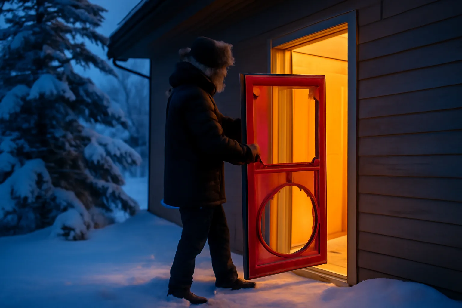 Winter blower door setup at an Anchorage home for HERS work