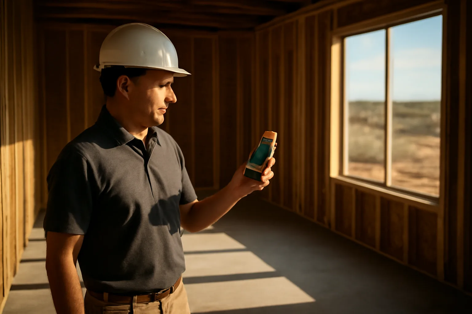 HERS rater holding diagnostic equipment inside an unfinished Arizona home