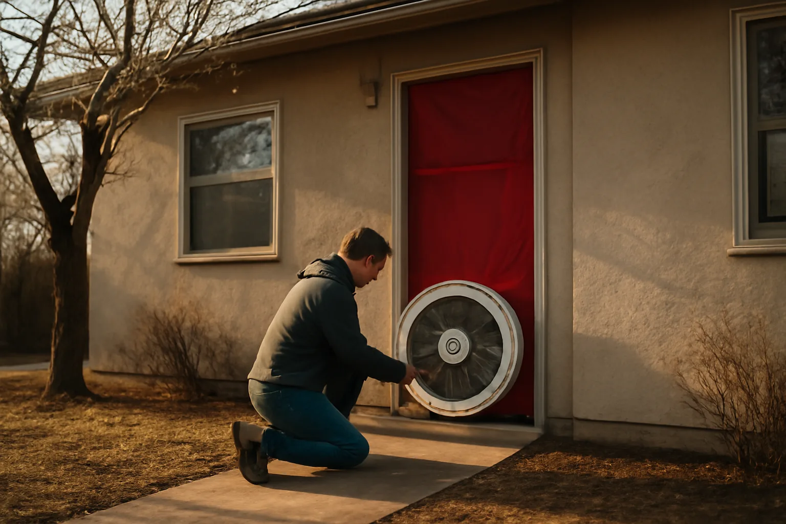 HERS rater kneels at a blower door on a California bungalow
