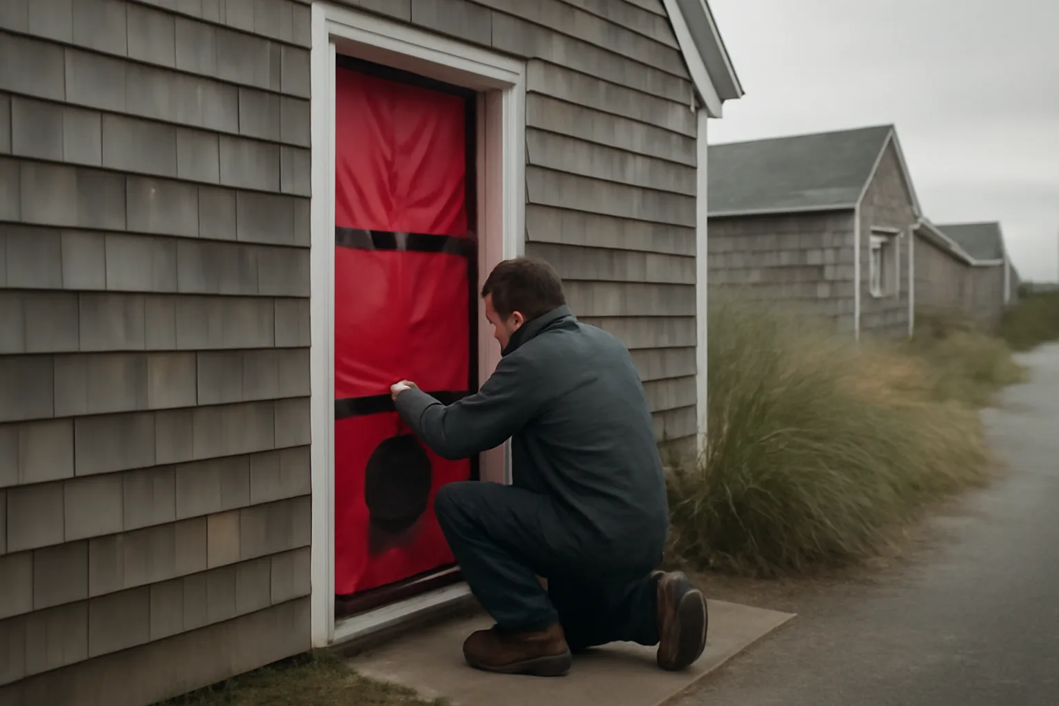 HERS rater sets a blower door in a Delaware cottage
