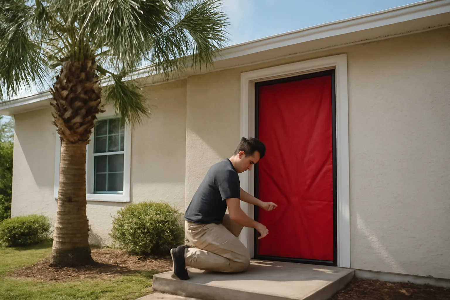 HERS rater sealing a Florida doorway for a blower door test
