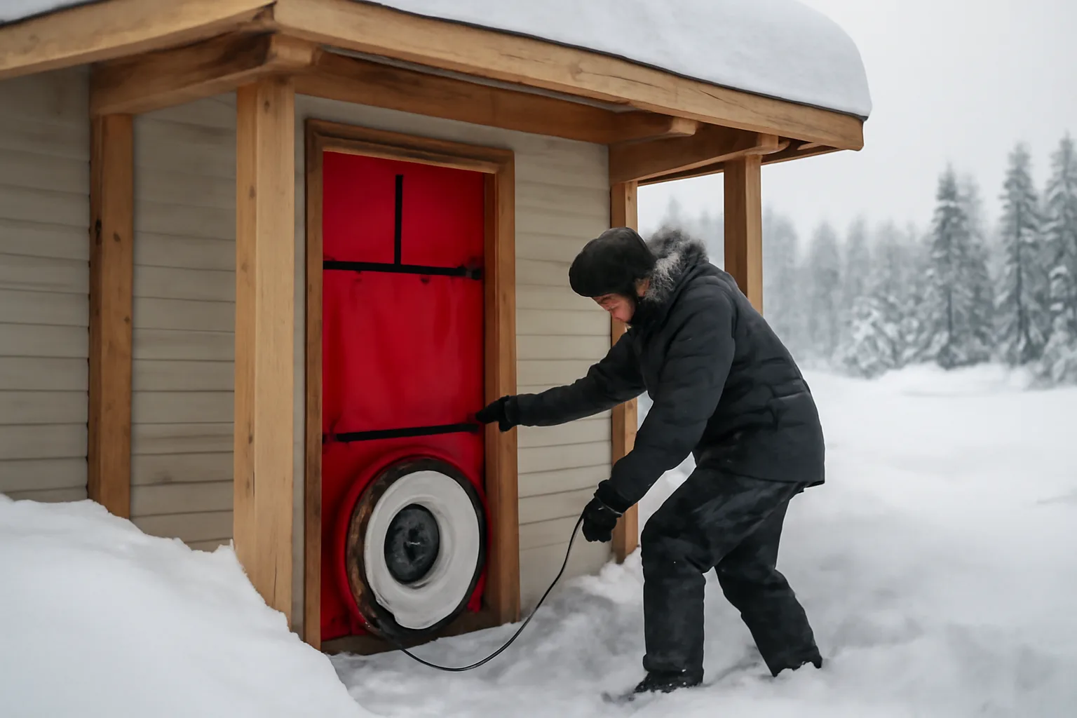 HERS rater installing blower door at Alaska home entrance in winter snow