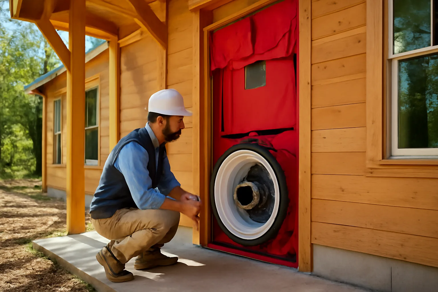 HERS rater installing a blower door in a new Arkansas home doorframe