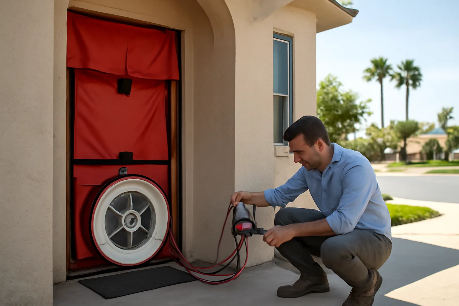 HERS rater testing a California home with a blower door pressure system