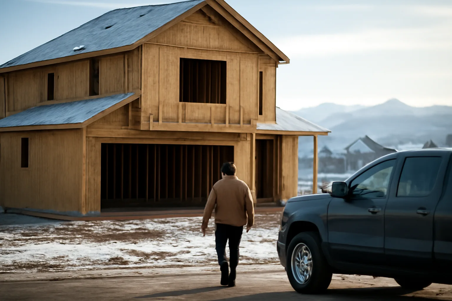 Technician arriving at a Colorado new-home site for a HERS rating