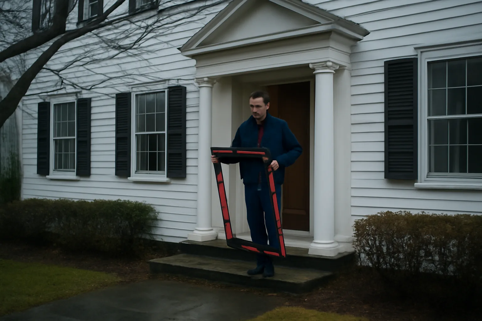 Rater holding a blower door frame at a Connecticut colonial