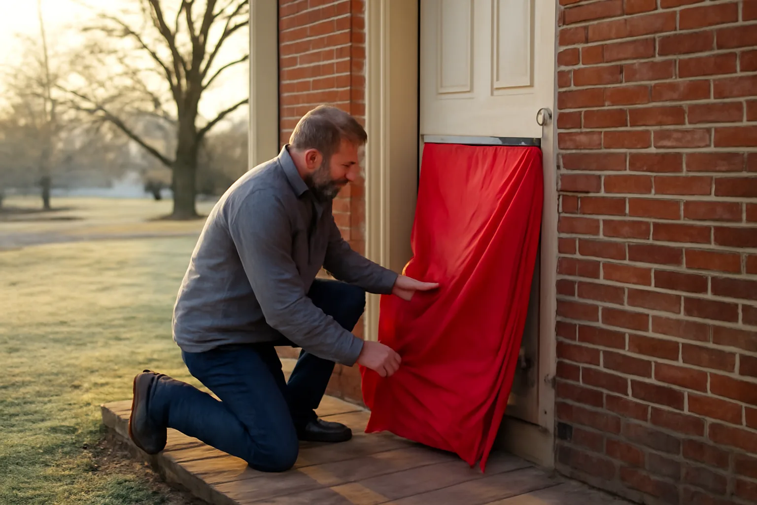 HERS rater unfolding blower door cloth on a Delaware porch