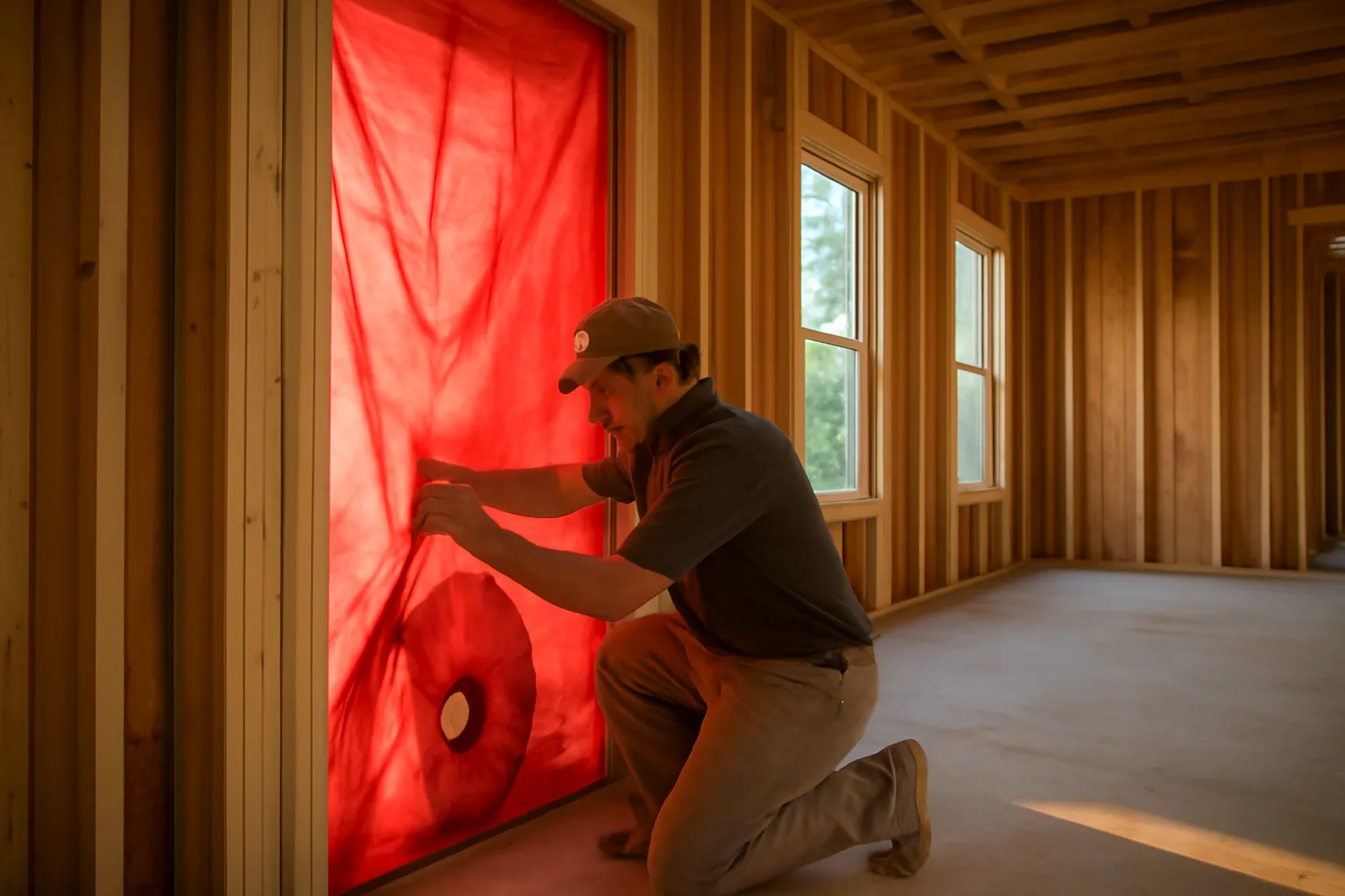 HERS rater fitting a blower door in a new Florida house